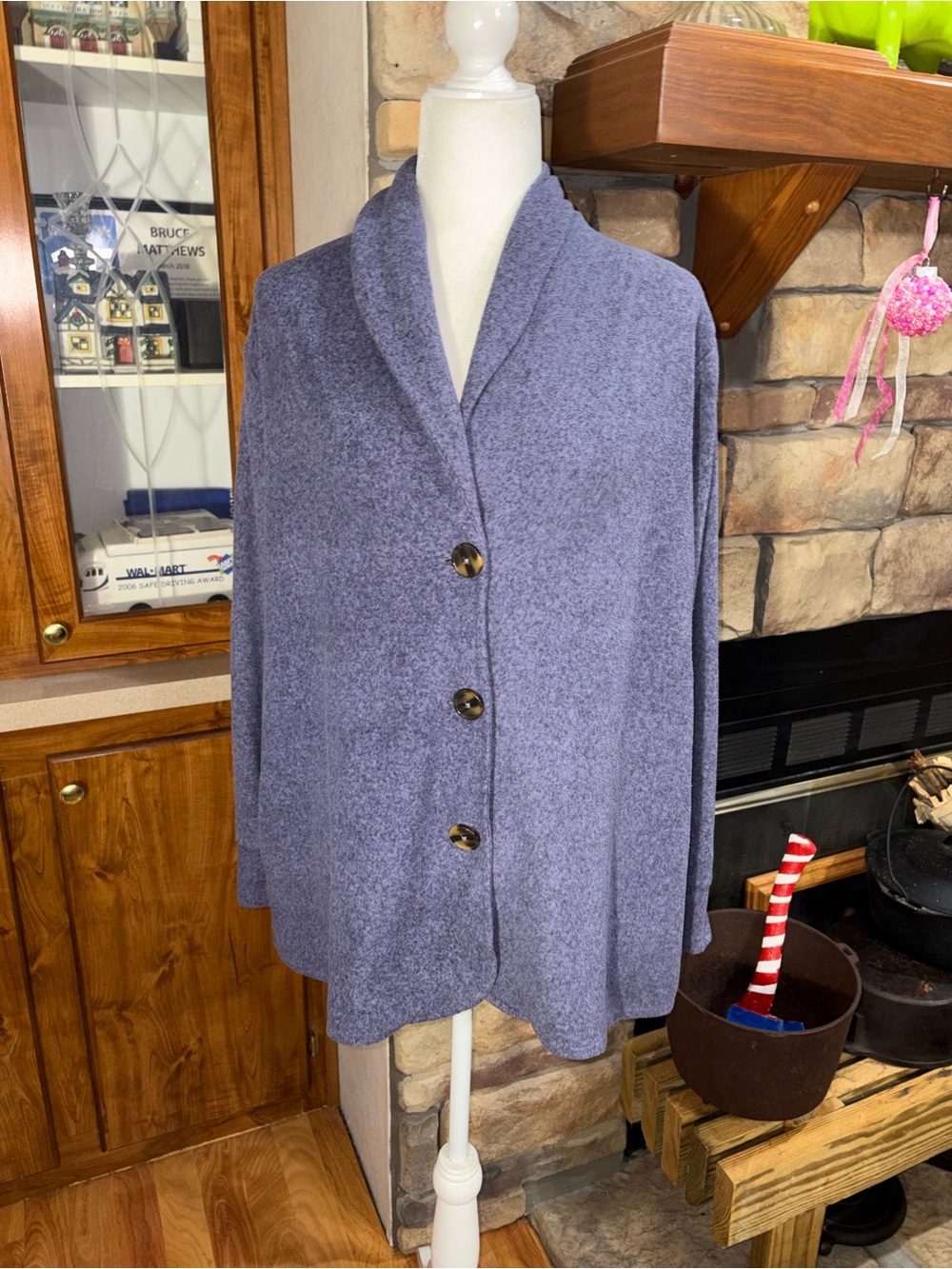 Cuddl Duds size large winter blue shawl collar button up cardigan w/thumb holes